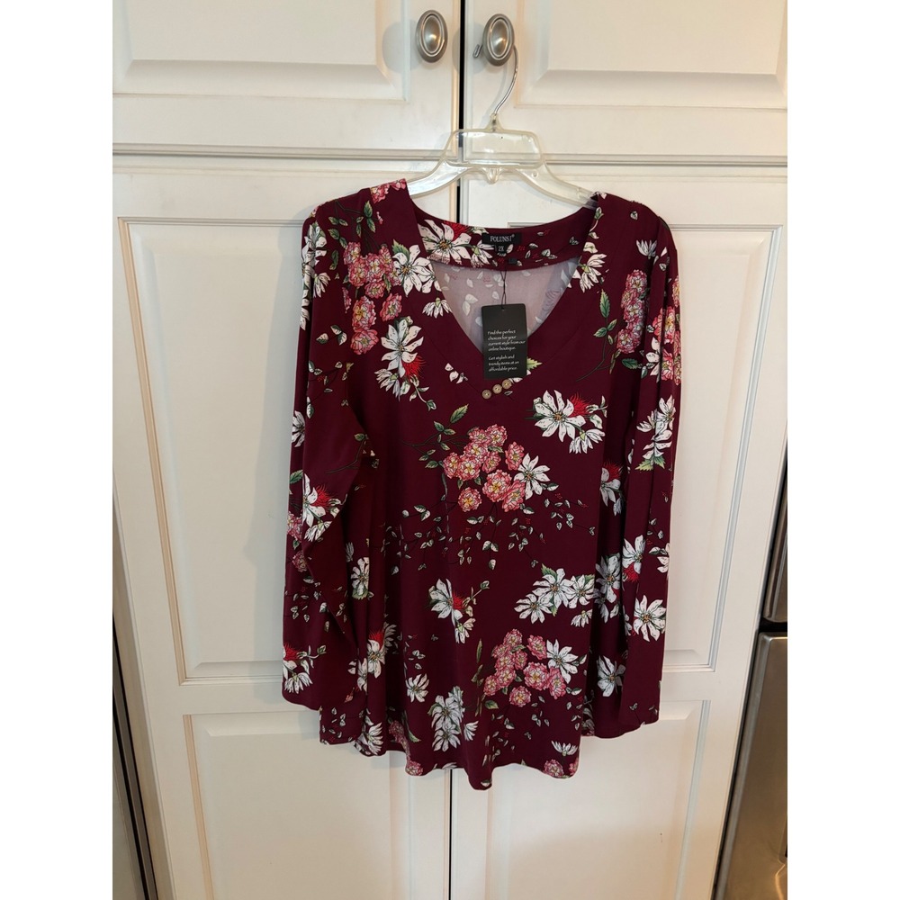 Folunsi Womens Floral V-Neck Long Sleeve Tunic Top Burgundy Plus Size 2X NWT